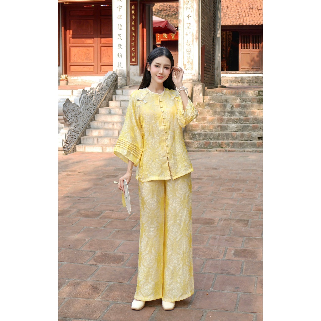 Pháp phục đi chùa cổ tròn tằm Tency ống tay xếp ly Đồ bộ đi chùa đính khuy đá cách điệu gấm tằm mềm mịnh