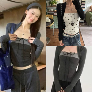 Áo dài tay cổ vuông dáng layer nơ ngực chấm bi kẻ ngang màu đen ghi chất thun co giãn ATDT059 - Tiktik