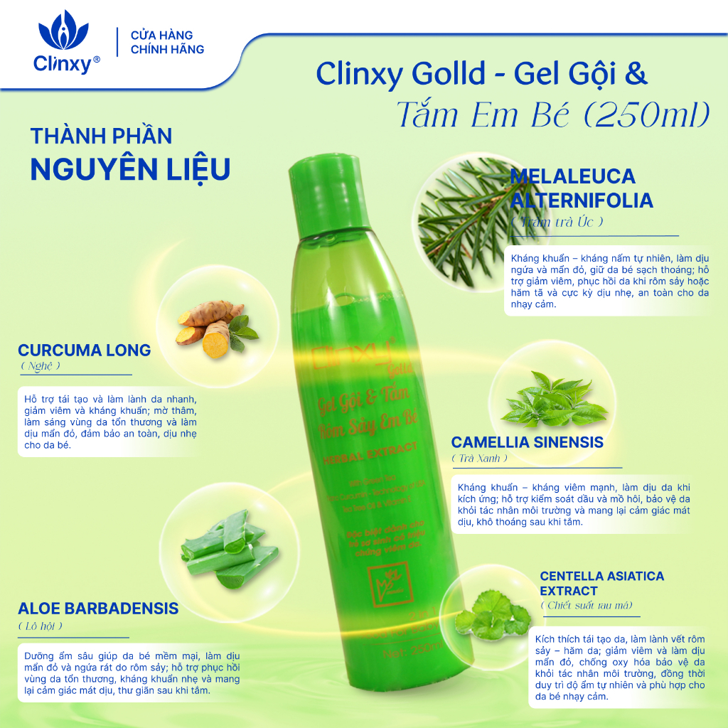 Sữa Tắm Cho Bé Clinxy Gold, Gel Tắm Cho Da Nhạy Cảm Giúp Ngừa Rôm Sảy, Hỗ Trợ Làm Dịu Da bé (250ml)