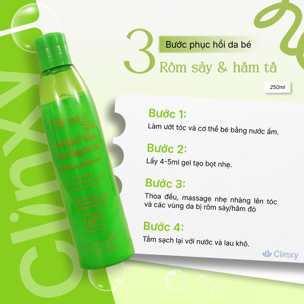 Sữa Tắm Cho Bé Clinxy Gold, Gel Tắm Cho Da Nhạy Cảm Giúp Ngừa Rôm Sảy, Hỗ Trợ Làm Dịu Da bé (250ml)