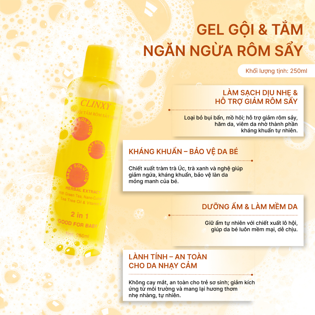 Sữa Tắm Cho Bé Clinxy Dòng TIêu Chuẩn, Gel Tắm Gội Hỗ Trợ Ngừa Rôm Sảy, Giúp Bé Có Làn Da Mịn Màng
