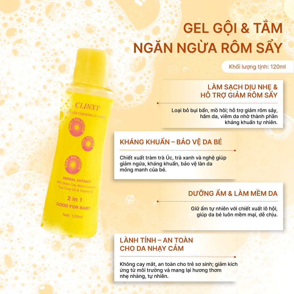 Sữa Tắm Cho Bé Clinxy Dòng TIêu Chuẩn, Gel Tắm Gội Hỗ Trợ Ngừa Rôm Sảy, Giúp Làn Da Mịn Màng (120ml)