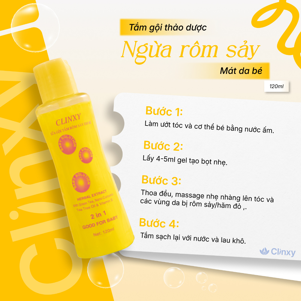 Sữa Tắm Cho Bé Clinxy Dòng TIêu Chuẩn, Gel Tắm Gội Hỗ Trợ Ngừa Rôm Sảy, Giúp Làn Da Mịn Màng (120ml)