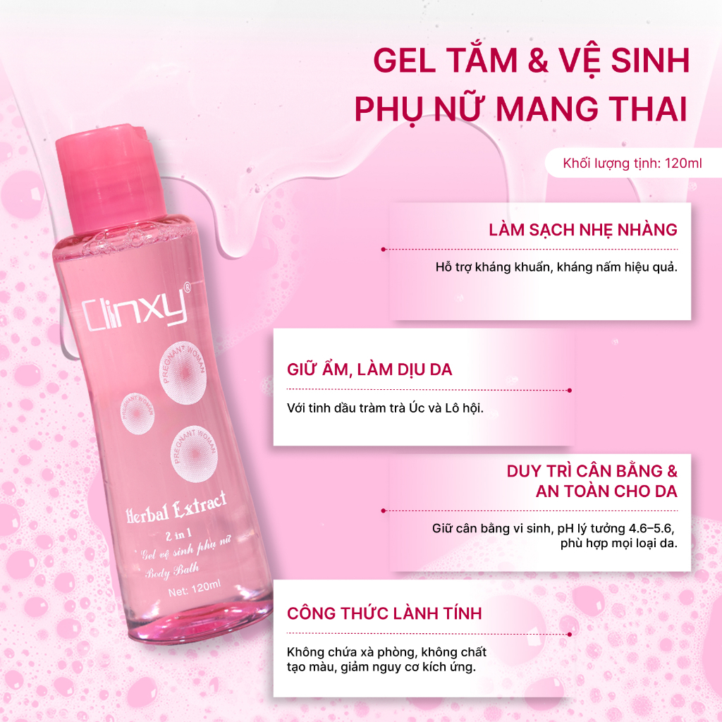 Gel Tắm Và Vệ Sinh Nữ Clinxy Dành Cho Phụ Nữ Mang Thai, Sữa Tắm Hỗ Trợ Dưỡng Ẩm, Cân Bằng PH (120ml)