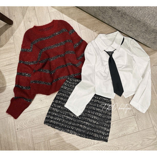 Set 4 Món: Áo Len Nhũ + Sơ Mi + Cà Vạt + Chân Váy QC