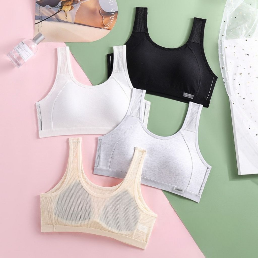 Áo bra thể thao cotton phối lưới thoáng mát - Áo lót học sinh tuổi dậy thì đệm mút sẵn êm ái A611