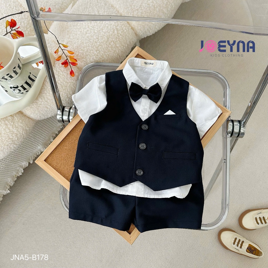 Bộ vest gile phối sơ mi cộc tay công tử bảnh bao bé trai, bộ công tử tặng kèm nơ hàng đẹp Jna5-B178