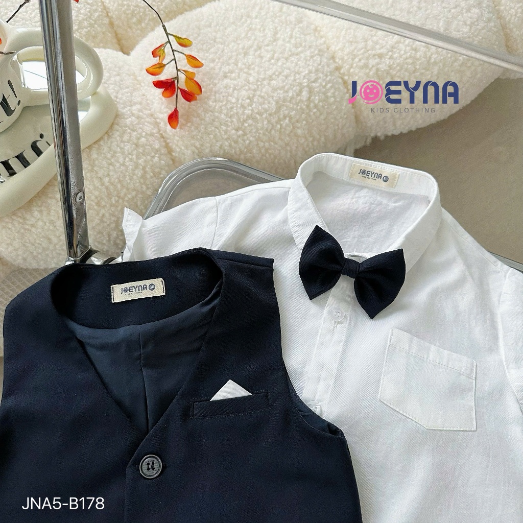 Bộ vest gile phối sơ mi cộc tay công tử bảnh bao bé trai, bộ công tử tặng kèm nơ hàng đẹp Jna5-B178