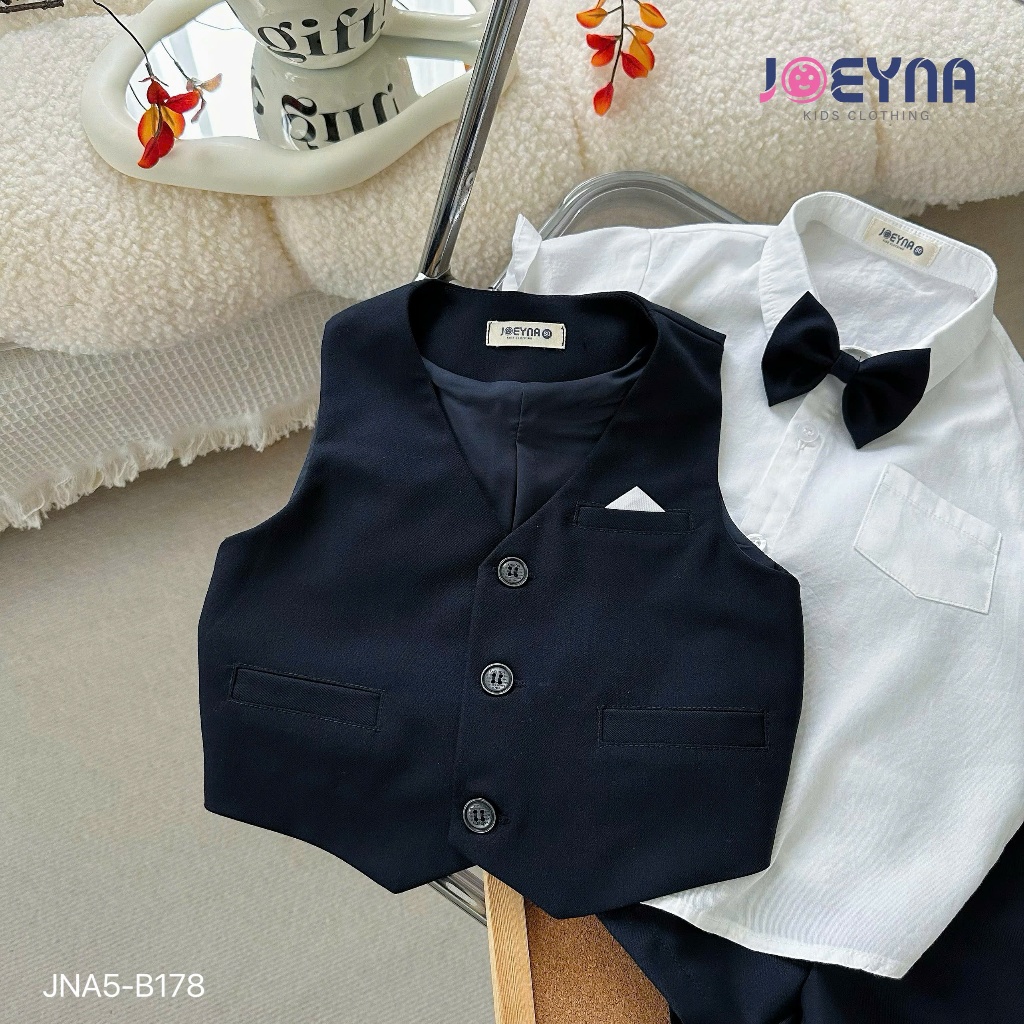 Bộ vest gile phối sơ mi cộc tay công tử bảnh bao bé trai, bộ công tử tặng kèm nơ hàng đẹp Jna5-B178