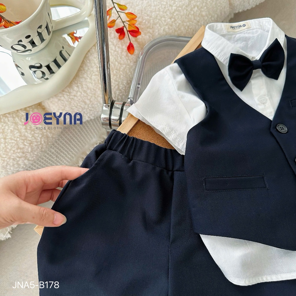 Bộ vest gile phối sơ mi cộc tay công tử bảnh bao bé trai, bộ công tử tặng kèm nơ hàng đẹp Jna5-B178