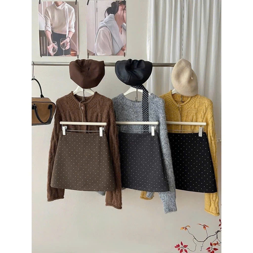 Chân váy nữ chữ A chất dạ ép chấm bi có lót quần,Chân váy Nữ LÉM dáng chữ A Basic