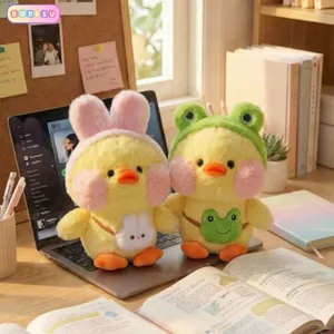 Gấu Bông Vịt Mỏ Hỗn Má Hồng Đội Mũ Thỏ,Ếch Siêu Đáng Yêu ,Vịt Bông Đeo Túi Decor Bàn Học, Quà Tặng Sinh Nhật