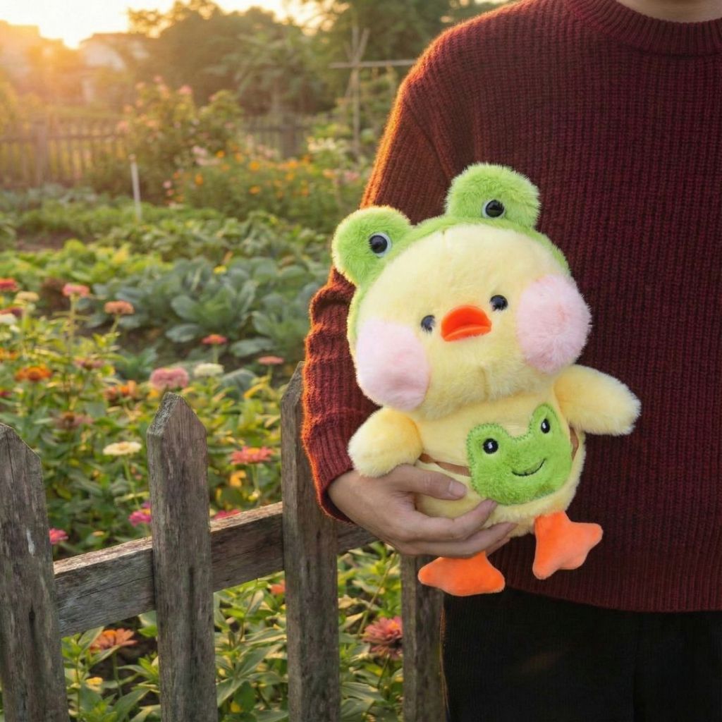 Gấu Bông Vịt Má Hồng Đội Mũ Thỏ,Ếch Đáng Yêu, Vịt Nhồi Bông Đeo Túi Làm Quà Tặng Cho Bé, Ban Gái,Decor Bàn Học