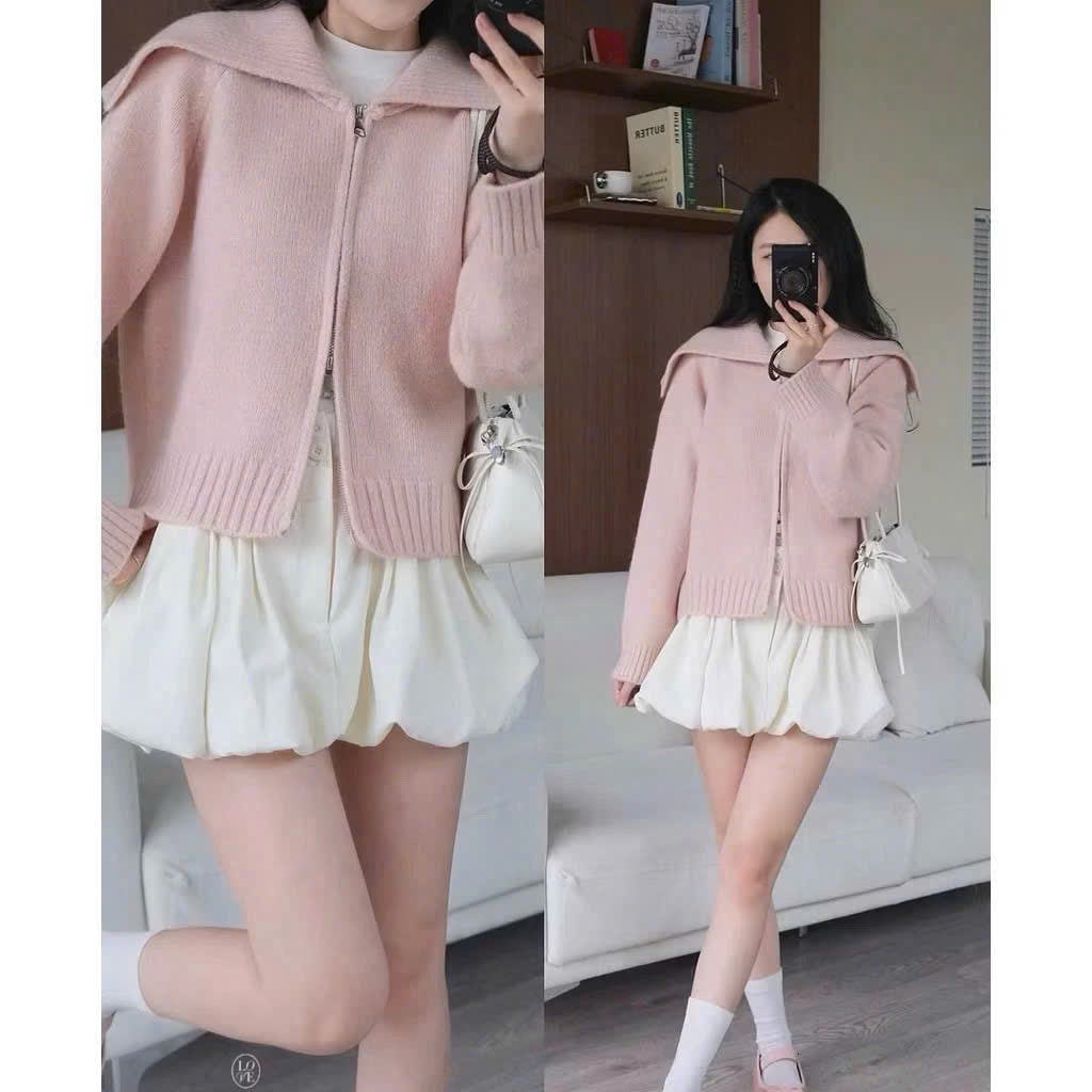 Áo khoác len cardigan cổ bẻ vạt to khoá 2 kiểu Nữ hàng QC loại 1 dày dặn from chuẩn
