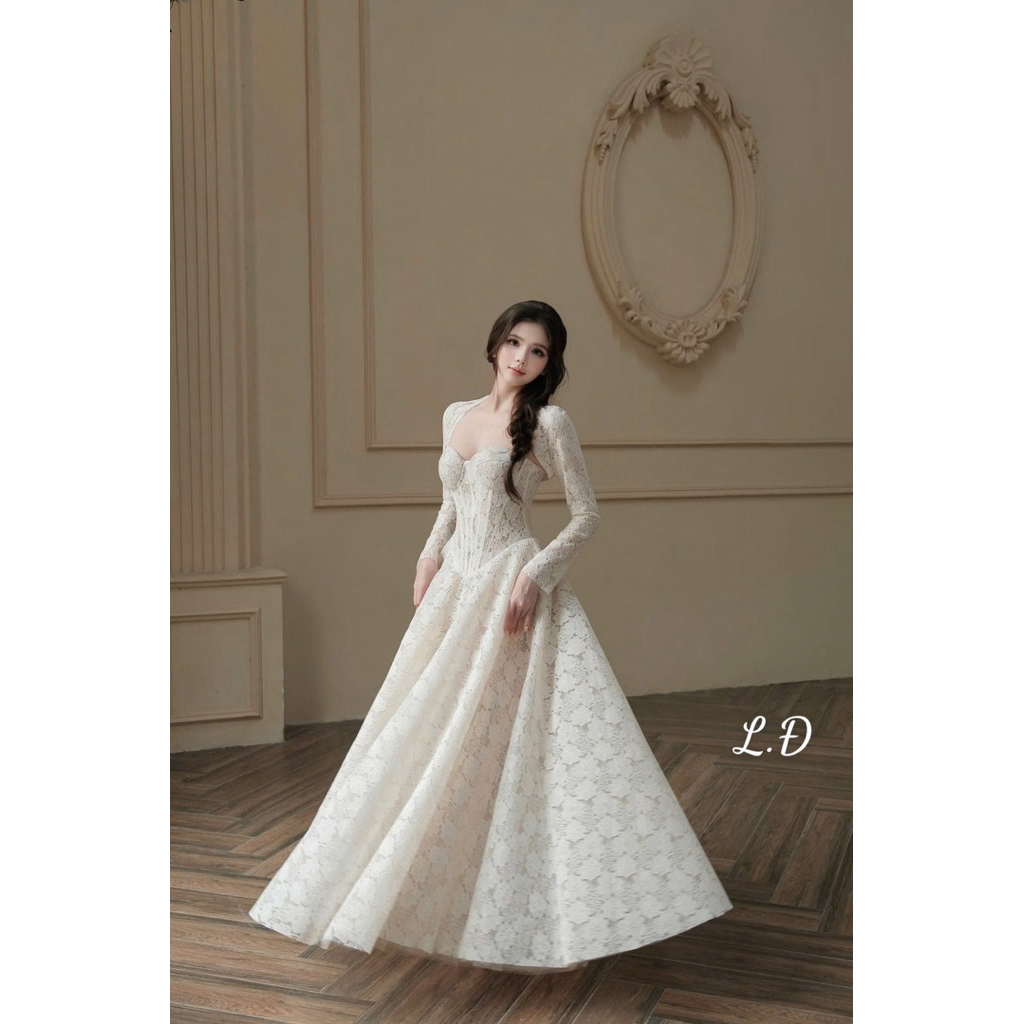 Sét 2 chi tiết váy ren xoè dài gọng chuẩn phom sít eo - có đan dây lưng sau căn chỉnh độ rộng chật Áo ren choàng ngoài
