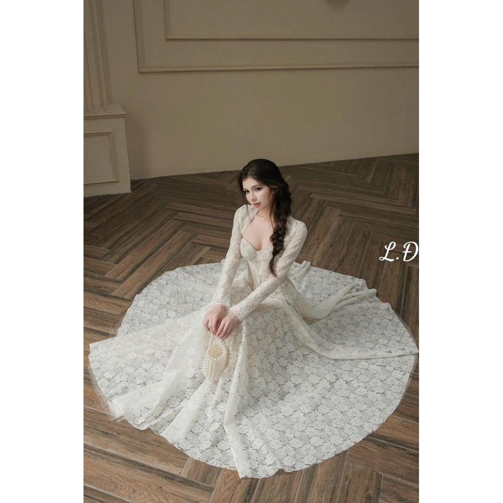 Sét 2 chi tiết váy ren xoè dài gọng chuẩn phom sít eo - có đan dây lưng sau căn chỉnh độ rộng chật Áo ren choàng ngoài