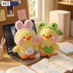 Gấu Bông Vịt Má Hồng Đội Mũ Thỏ,Ếch Đáng Yêu, Vịt Nhồi Bông Đeo Túi Làm Quà Tặng Cho Bé, Ban Gái,Decor Bàn Học