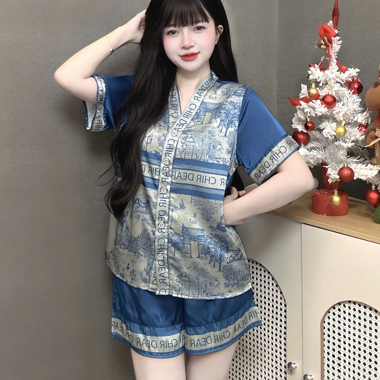 Đồ ngủ dễ thương tiểu thư,pijama lụa cổ V,đồ bộ nữ đồ mặc nhà quần đùi mát họa tiết đáng yêu [200]