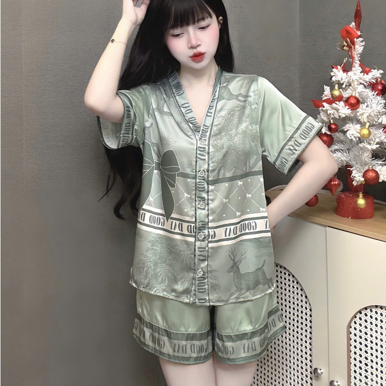Đồ ngủ dễ thương tiểu thư,pijama lụa cổ V,đồ bộ nữ đồ mặc nhà quần đùi mát họa tiết đáng yêu [200]