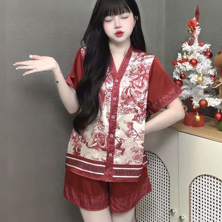 Đồ ngủ dễ thương tiểu thư,pijama lụa cổ V,đồ bộ nữ đồ mặc nhà quần đùi mát họa tiết đáng yêu [200]