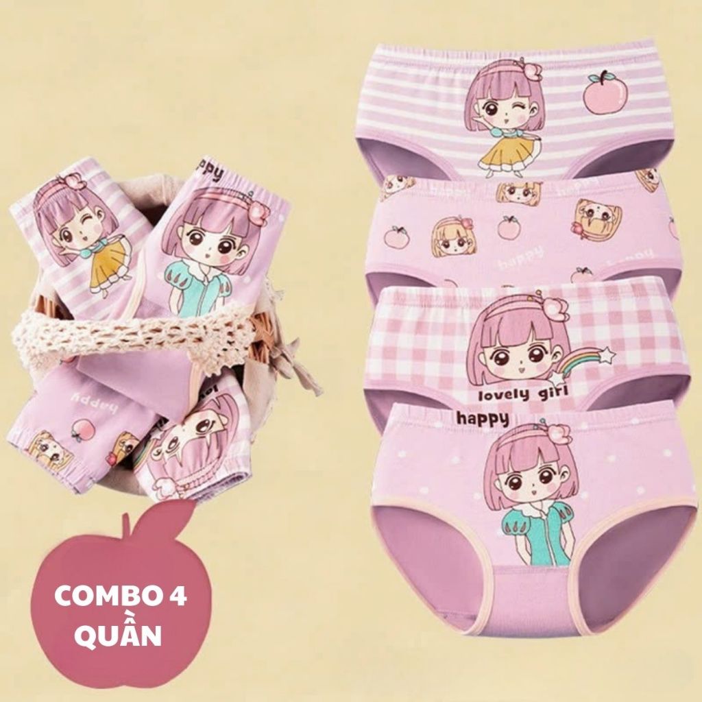 COMBO 4 Quần chip bé gái cotton cao cấp co dãn Set 4 Quần lót bé gái họa tiết xinh xắn đáng yêu 7002