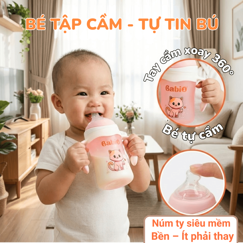 Bình sữa thủy tinh Babi1 240ml Cảm biến nhiệt - Bọc Silicon Chống Vỡ - Núm Chống Sặc (Tặng Tay Cầm)