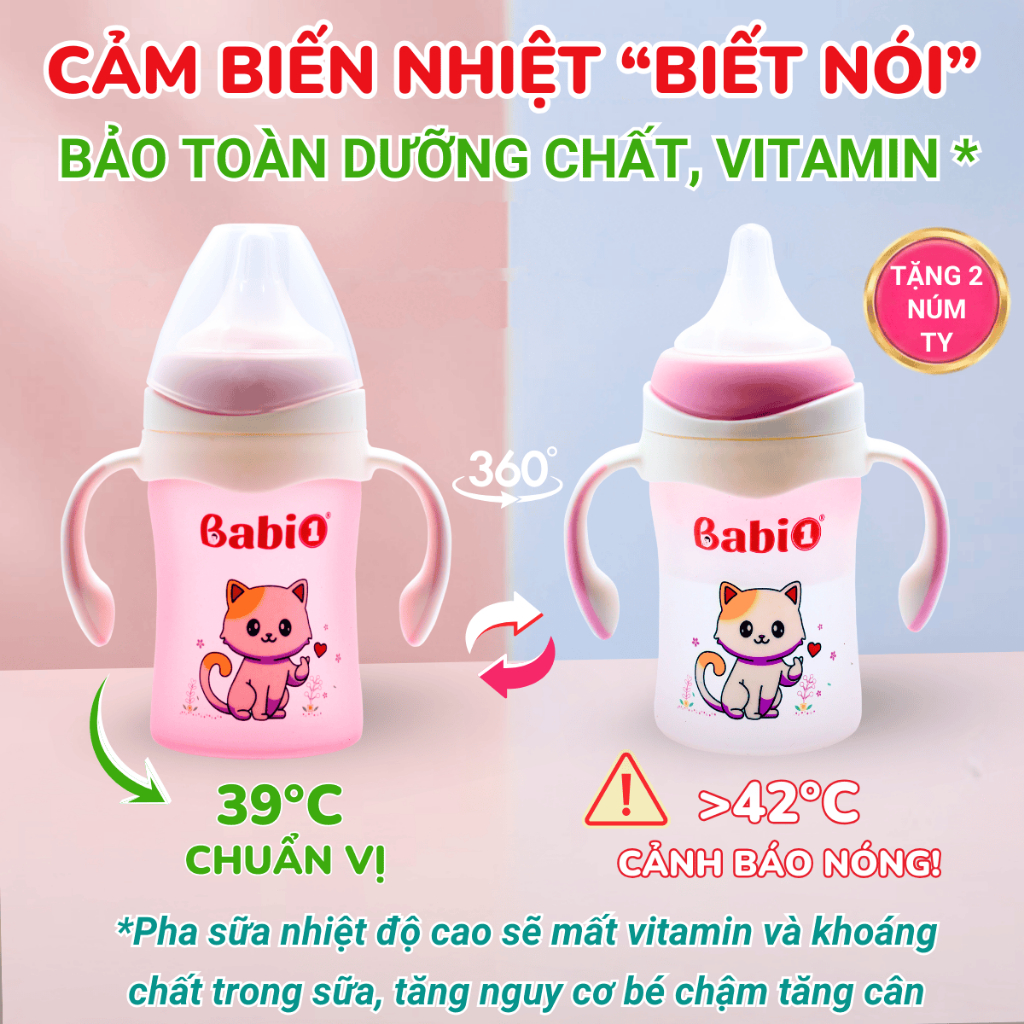 Bình Sữa Thủy Tinh Babi1 180ml Cảm Biến Nhiệt, Chống Sặc, Cổ Rộng Có Tay Cầm 360° Cho Bé