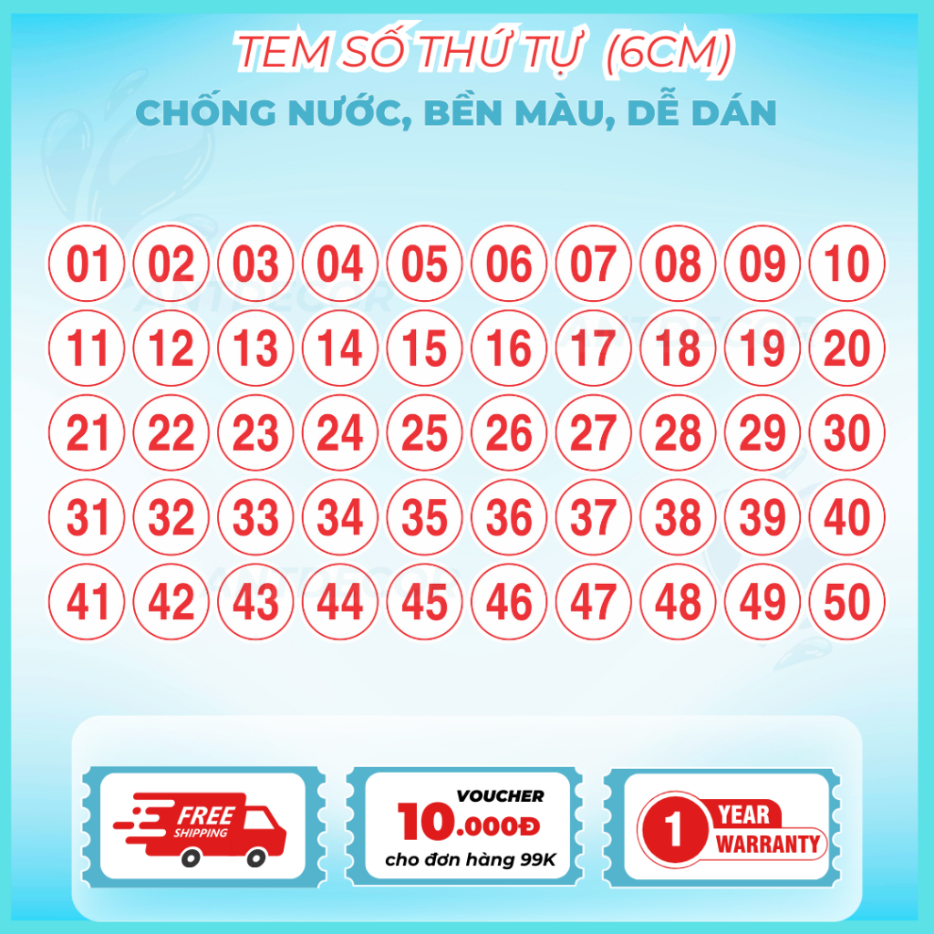 Decal Dán Số Thứ Tự 6cm - Chống Nước, Bền Màu, Cắt Bế Sẵn - Giải Pháp Đánh Số Hiệu Quả, Nhanh Chóng