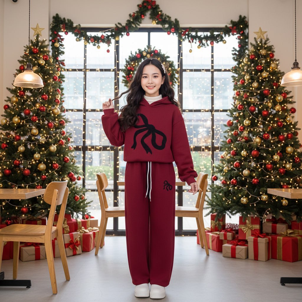 Set nỉ đỏ hình nơ cho bé gái size đại BEESHOP D25103