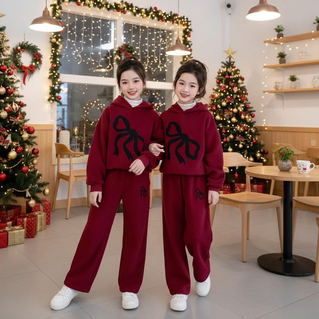 Set nỉ đỏ hình nơ cho bé gái size đại BEESHOP D25103