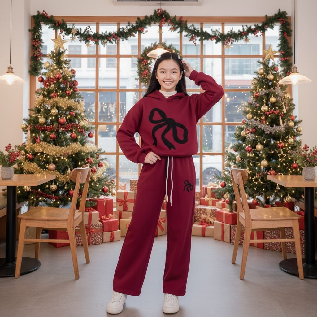 Set nỉ đỏ hình nơ cho bé gái size đại BEESHOP D25103