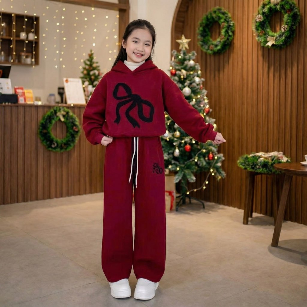 Set nỉ đỏ hình nơ cho bé gái size đại BEESHOP D25103