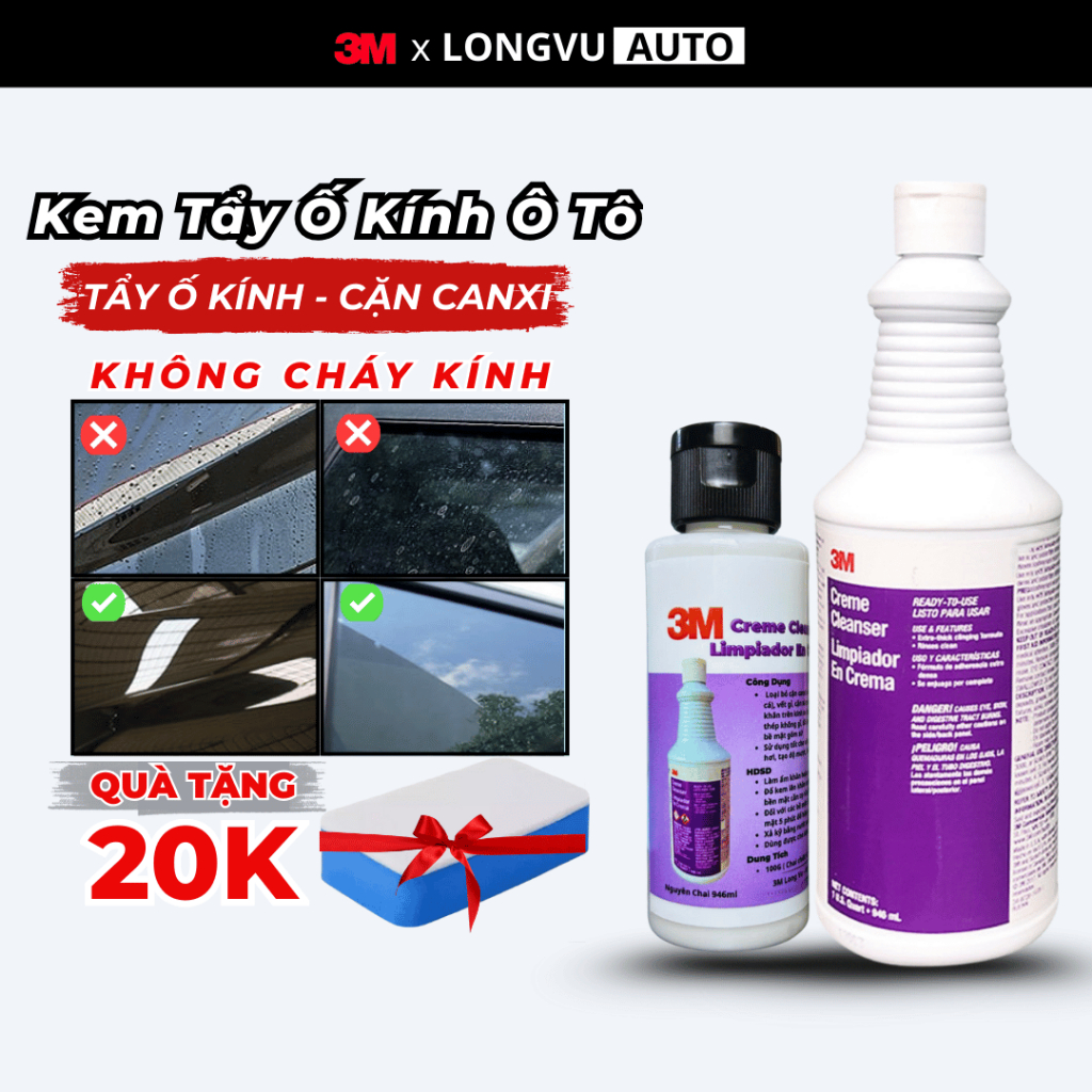 Tẩy ố kính ô tô 3M Creme Cleanser Limpiador En Crema tẩy cặn canxi trên kính - 100G - LongVu Auto