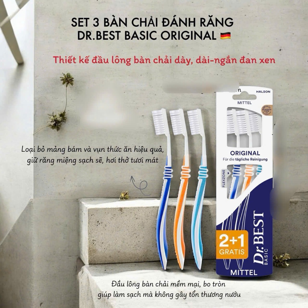 Bàn chải đánh răng người lớn Dr Best vỉ 3 cái(màu)- Hàng Đức