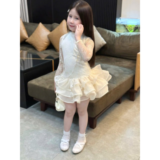 Váy bé gái sang trọng với chi tiết ren váy xếp tầng phong cách tiểu thư