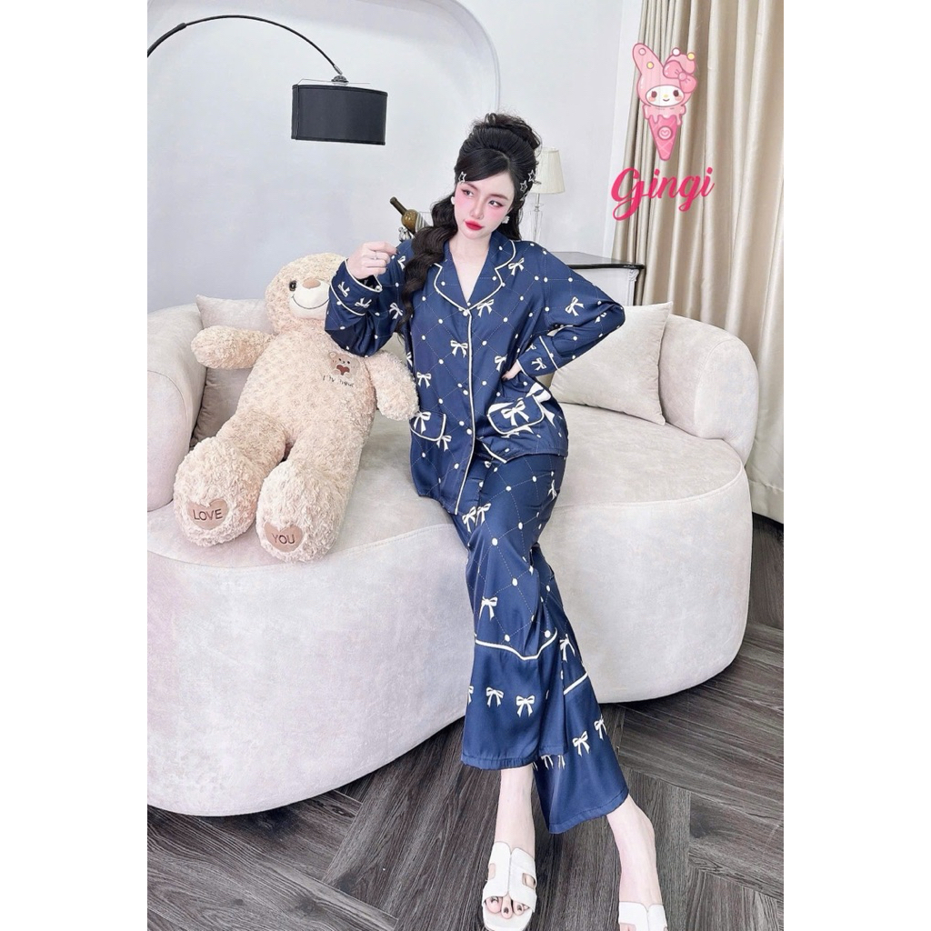 [21025]Tay dài quần dài pijama sang chảnh nắp túi ngược,lụa latin mềm nhẹ mát