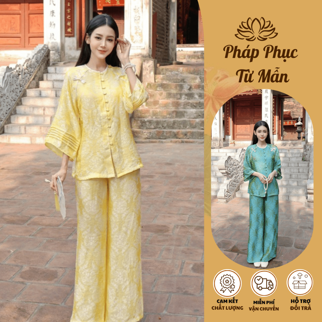 Pháp phục đi chùa cổ tròn tằm Tency ống tay xếp ly Đồ bộ đi chùa đính khuy đá cách điệu gấm tằm mềm mịnh