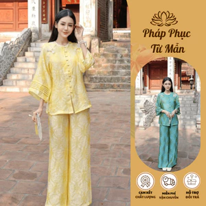 Pháp phục đi chùa cổ tròn tằm Tency ống tay xếp ly Đồ bộ đi chùa đính khuy đá cách điệu gấm tằm mềm mịnh