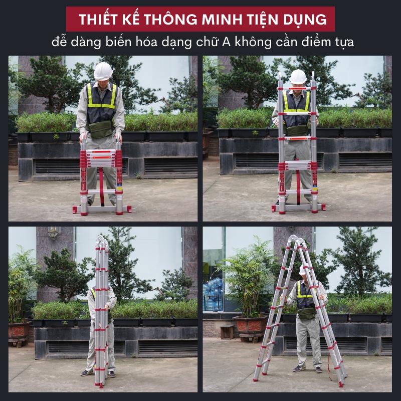 Thang nhôm rút đôi chữ A gấp gọn 4,4M - 5M FUJIHOME Nhập khẩu, thang rút đôi xếp gọn đa năng khoá chốt tự động an toàn