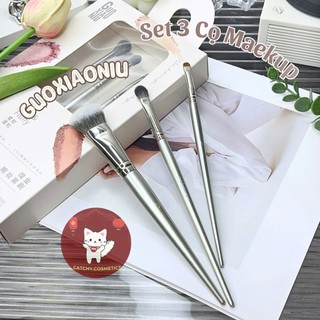 [GUOXIAONIU] Set 3 Cọ Makeup Guoxiaoniu Cơ Bản Vỏ Trắng Lông Cọ Mềm Mại, Rose Gold Series