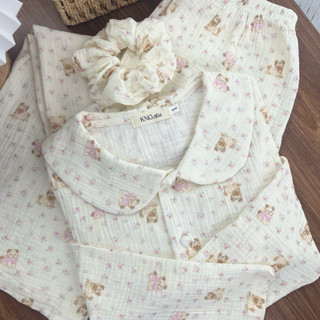 Đồ ngủ nữ tay dài quần dài – Pyjama vải xô muslin cổ sen họa tiết | KNG.studio (Tặng kèm dây buộc tóc scrunchies)