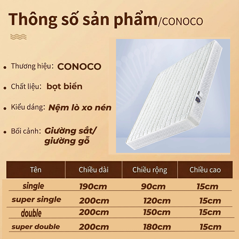CONOCO Nệm Lò Xo Túi Hybrid  15cm - Đệm Cao Cấp Chuẩn Khách Sạn, Nâng Đỡ Tối Ưu, Không Rung Lắc