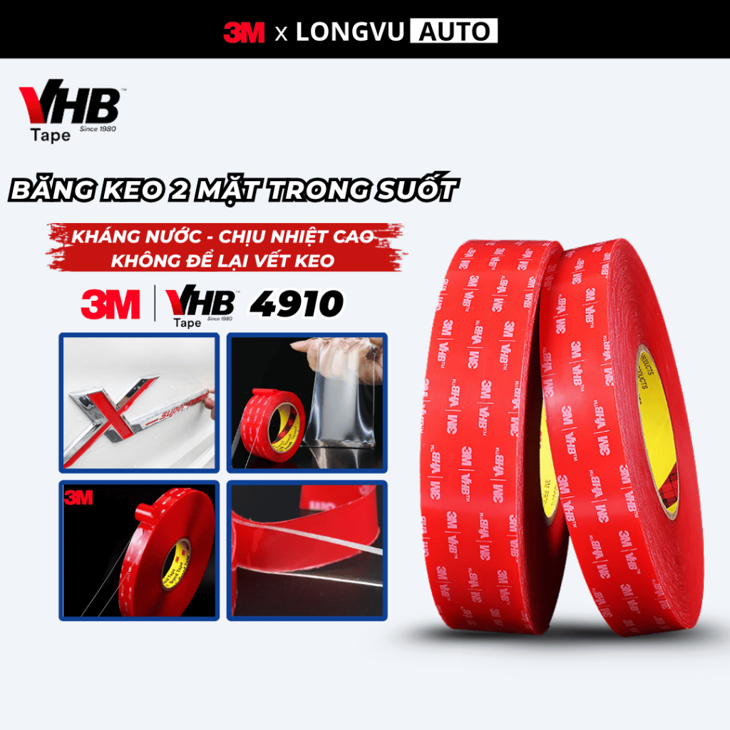 Băng dính 2 mặt trong suốt siêu dính 3M VHB 4910 cường lực, chống thấm, dán các vật dụng gia đình, nhà tắm