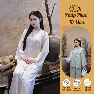 Pháp phục đi chùa dài tay đính nơ cách điệu vân trúc Bộ đi chùa cổ tròn lụa gấm mềm mịn mặc lễ tết-LH