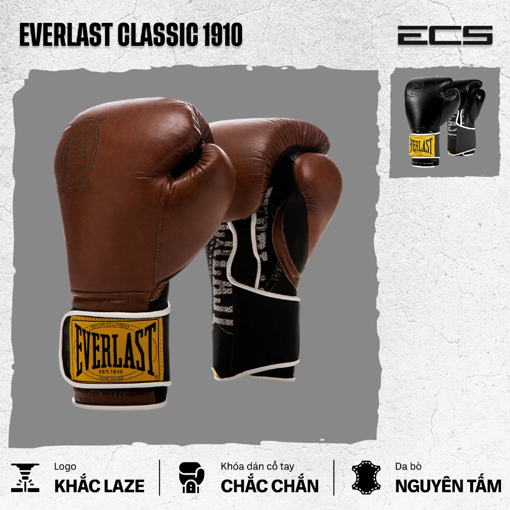 Găng boxing Everlast Classic 1910 - Logo khắc laser, Khóa dán cổ tay chắc chắn, Da bò nguyên tấm