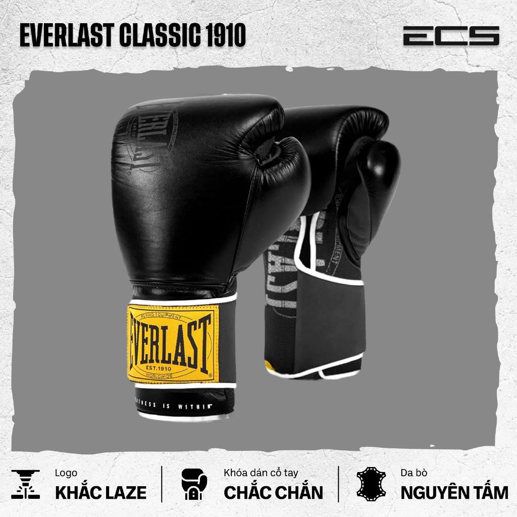 Găng boxing Everlast Classic 1910 - Logo khắc laser, Khóa dán cổ tay chắc chắn, Da bò nguyên tấm