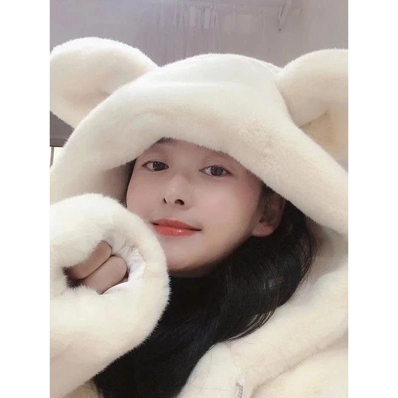 Áo khoác Lông Thỏ Phối Mũ Trùm Kèm Tai Gấu Siêu Cute From rộng Thụng Unisex Nam nữ Full Size M-XL
