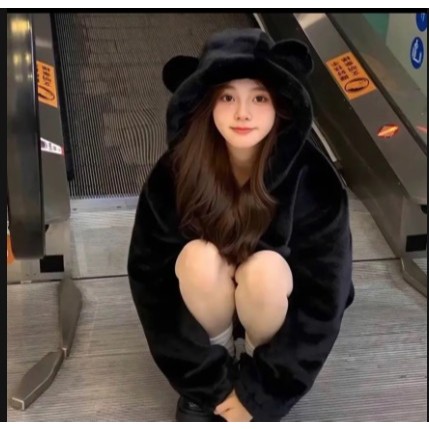 Áo khoác Lông Thỏ Phối Mũ Trùm Kèm Tai Gấu Siêu Cute From rộng Thụng Unisex Nam nữ Full Size M-XL