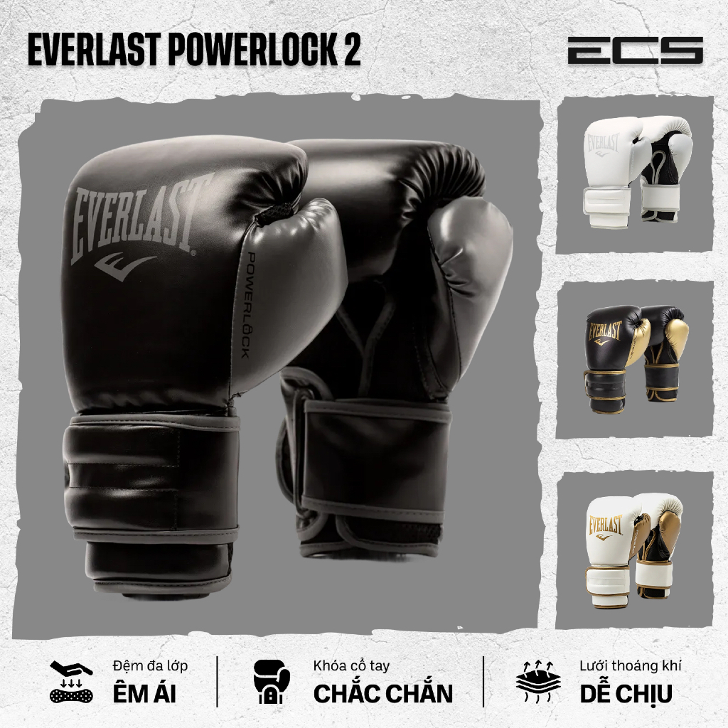 Găng tay boxing Everlast Powerlock 2 , Đệm đa lớp êm , Khóa cổ tay chắc , Lưới thoáng khí , Đa năng