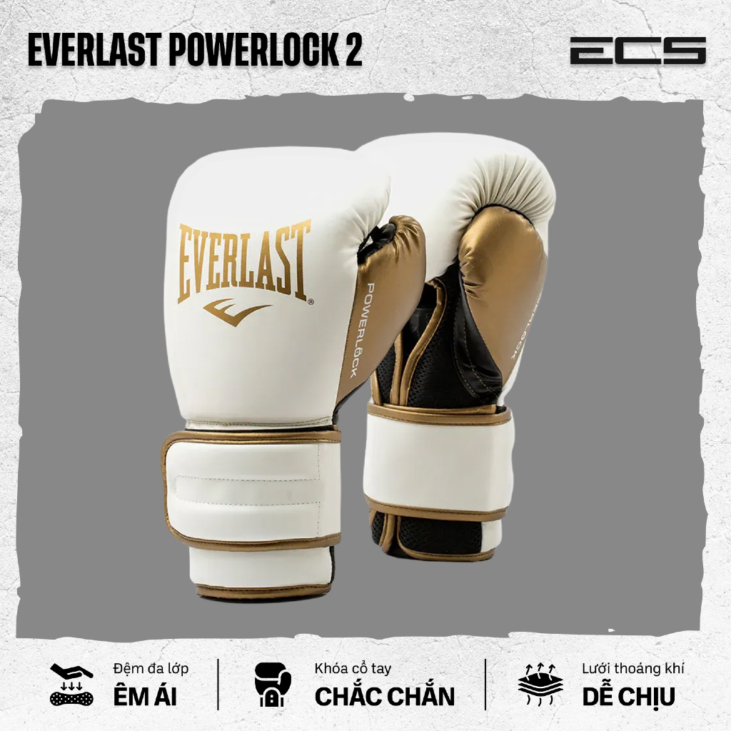 Găng tay boxing Everlast Powerlock 2 , Đệm đa lớp êm , Khóa cổ tay chắc , Lưới thoáng khí , Đa năng